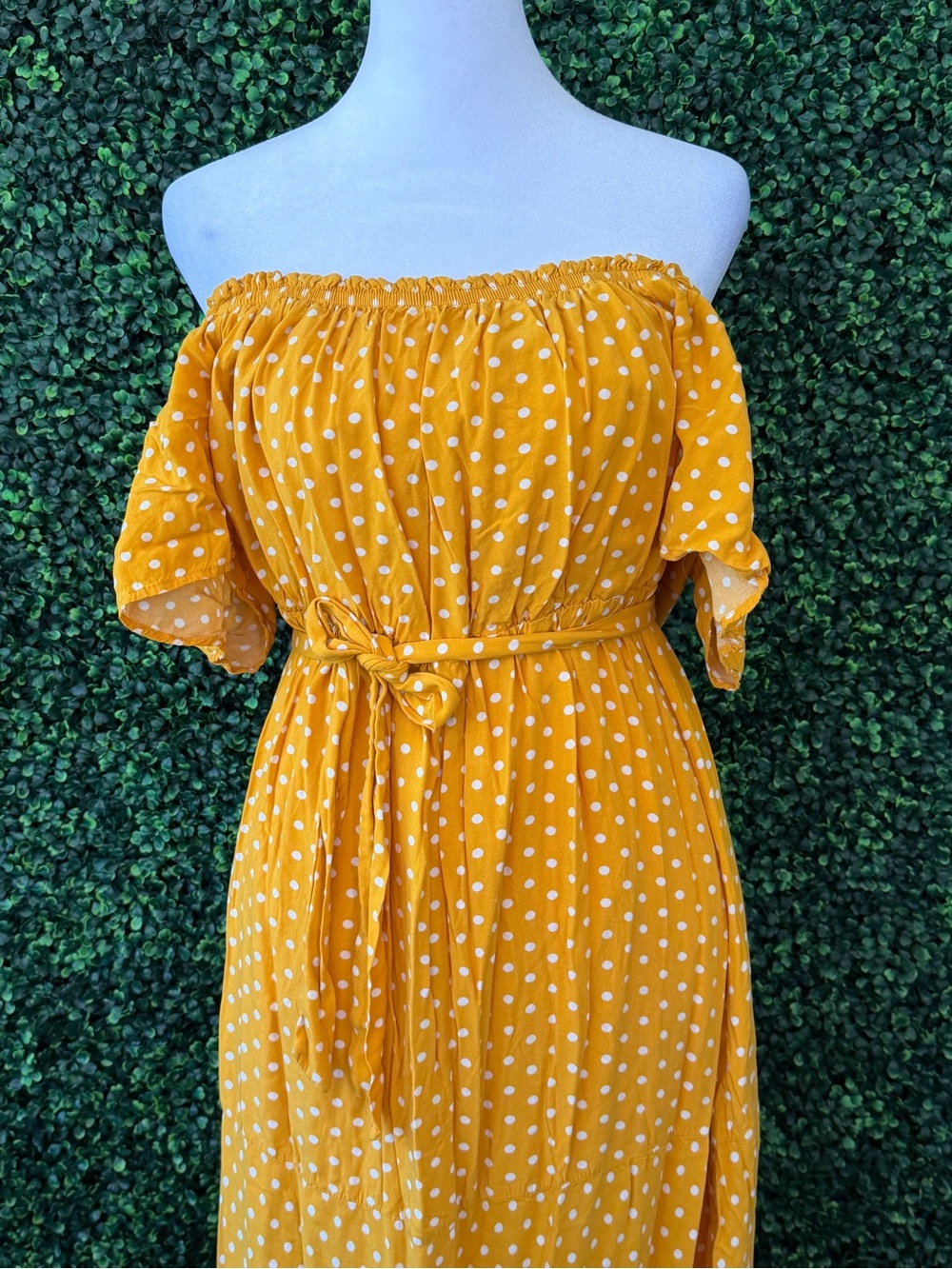 Mustard Yellow Polka Dot Maxi Dress with Tie Waist